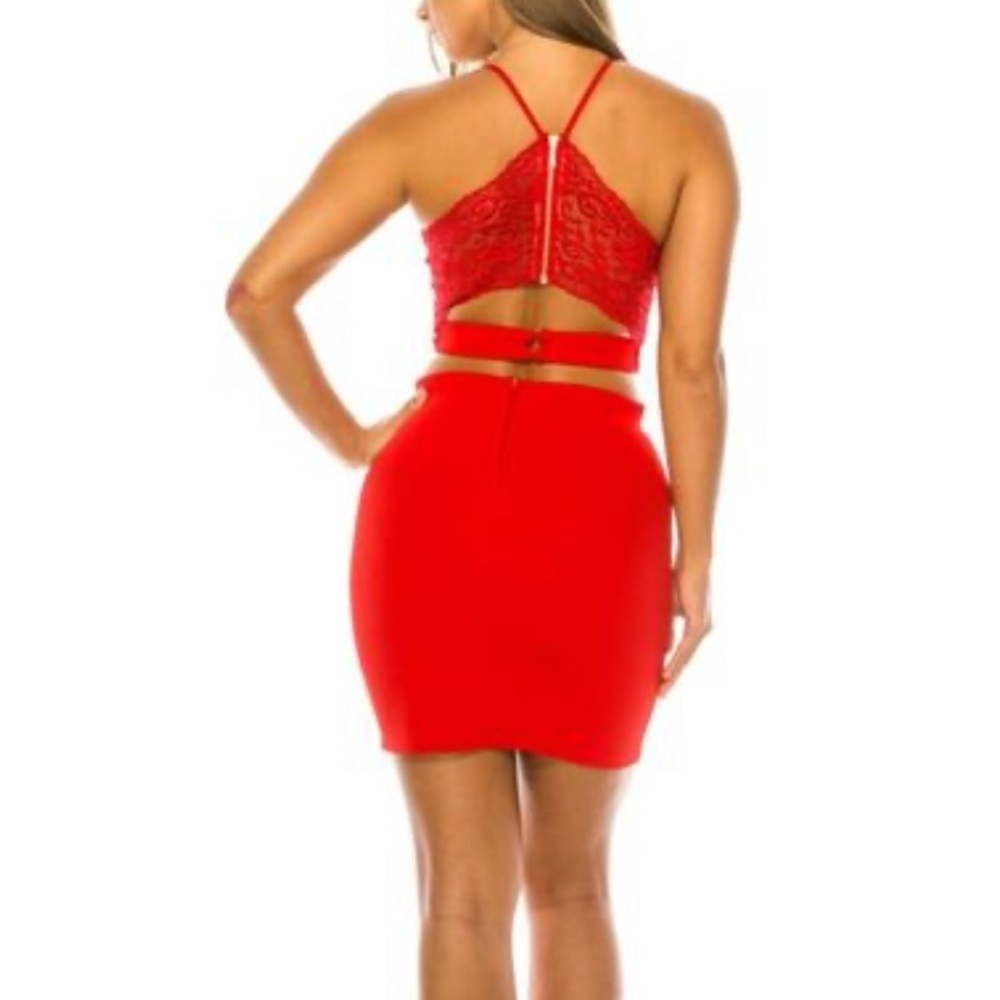 RARE red lace 2 piece crop top and skirt set